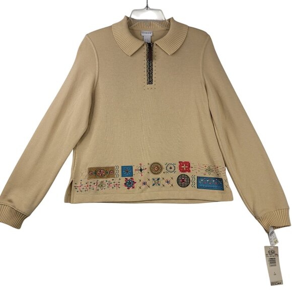 Koret Embroidered Beige Long Sleeve Top Size S With Shoulder Pads New Grannycore - Picture 1 of 10